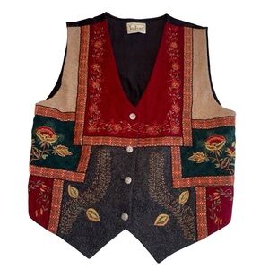 Vtg TanTrums Vest Floral Embroidered Patchwork Grandmacore Wool Blend Womens L
